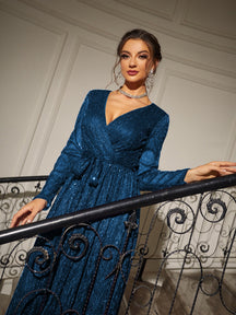 Glitter Surplice Plunging Belted Maxi Formal Dress, Prom Evening Gown, For Wedding Guest, Graduation, Dinner, Party Dress Spring