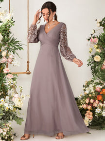 Elegant Dusty Lavender V Neck Floral Lace Long Sleeve Chiffon Maxi Bridesmaid Gown For Women All Seasons Wedding, Prom, Going Out & Festival Party