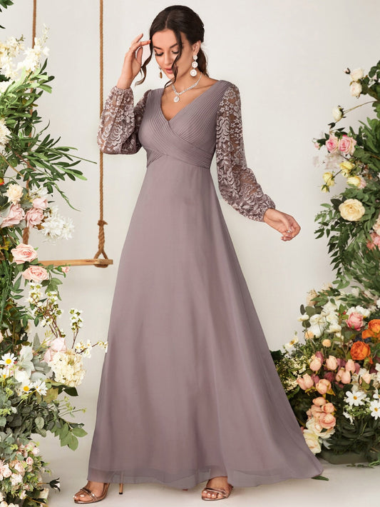 Elegant Dusty Lavender V Neck Floral Lace Long Sleeve Chiffon Maxi Bridesmaid Gown For Women All Seasons Wedding, Prom, Going Out & Festival Party
