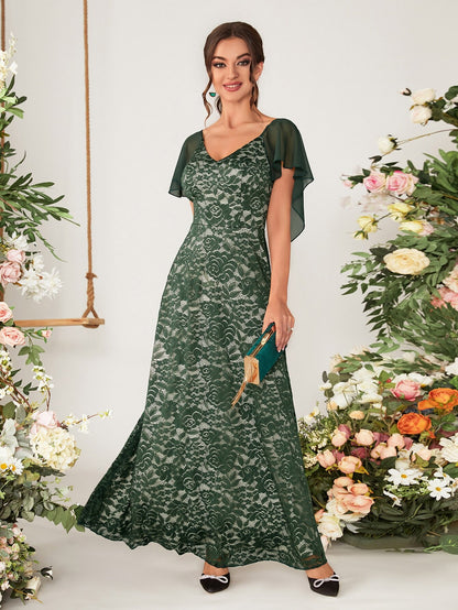 Butterfly Sleeve Lace Maxi Bridesmaid Dress