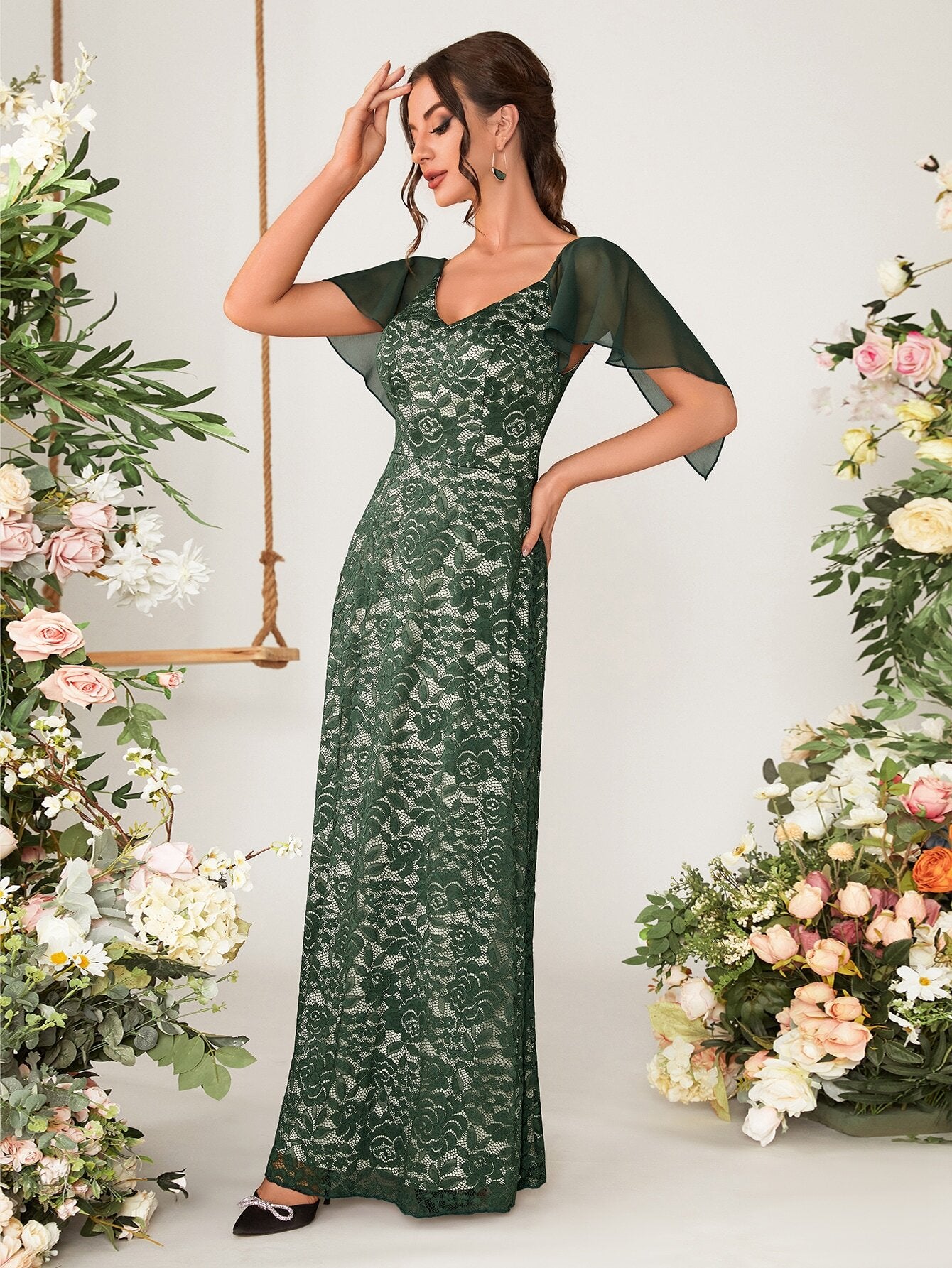 Butterfly Sleeve Lace Maxi Bridesmaid Dress