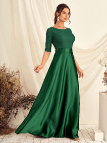 Lace Panel Satin Maxi Prom Dress