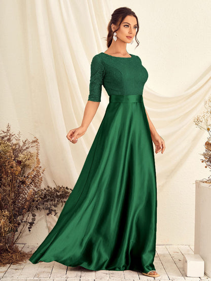 Lace Panel Satin Maxi Prom Dress