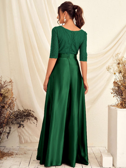 Lace Panel Satin Maxi Prom Dress