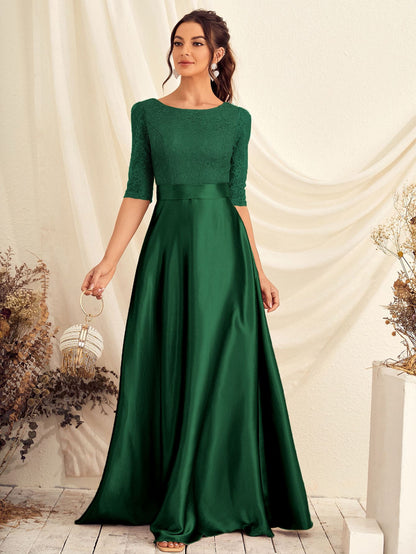 Lace Panel Satin Maxi Prom Dress