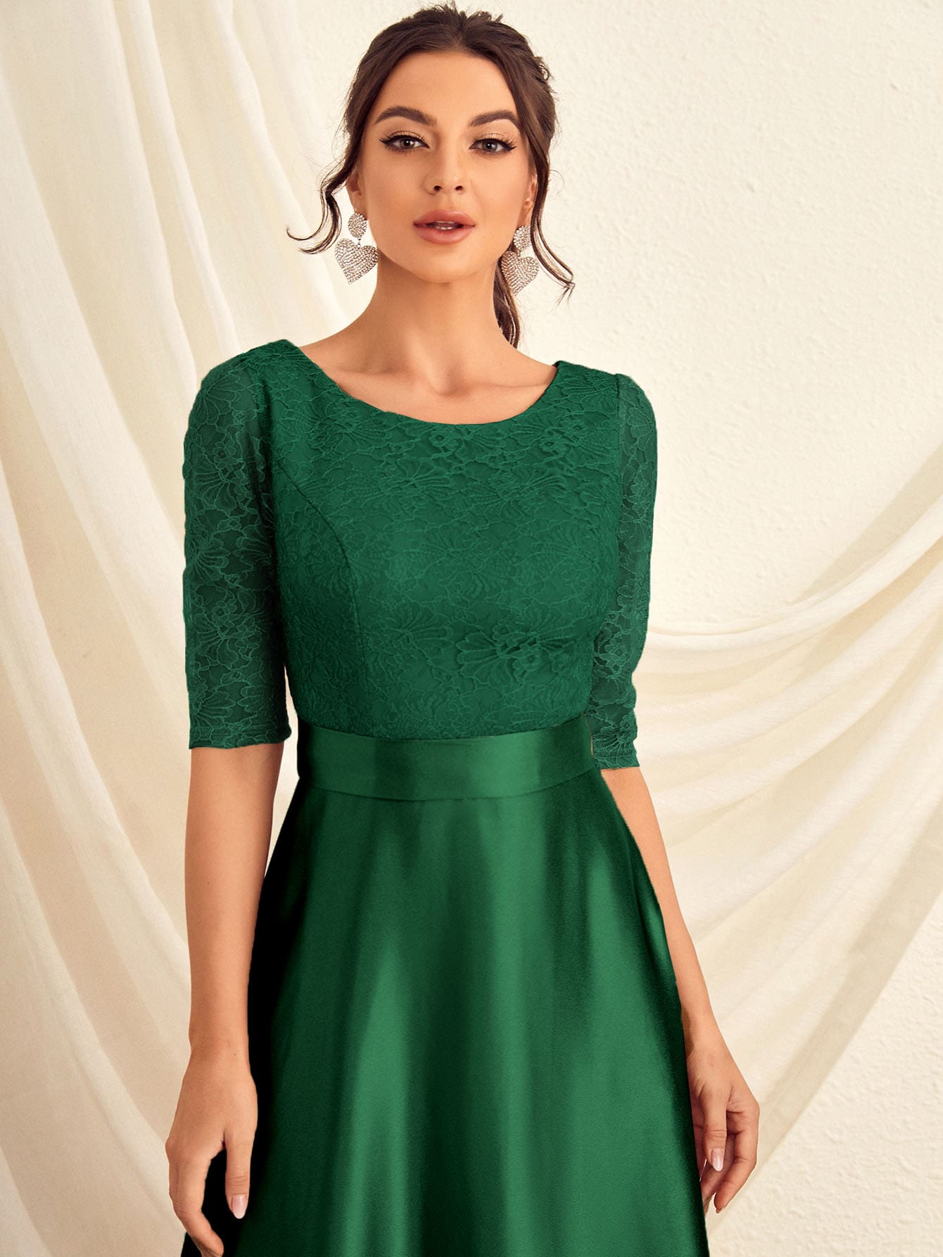 Lace Panel Satin Maxi Prom Dress