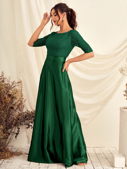 Lace Panel Satin Maxi Prom Dress