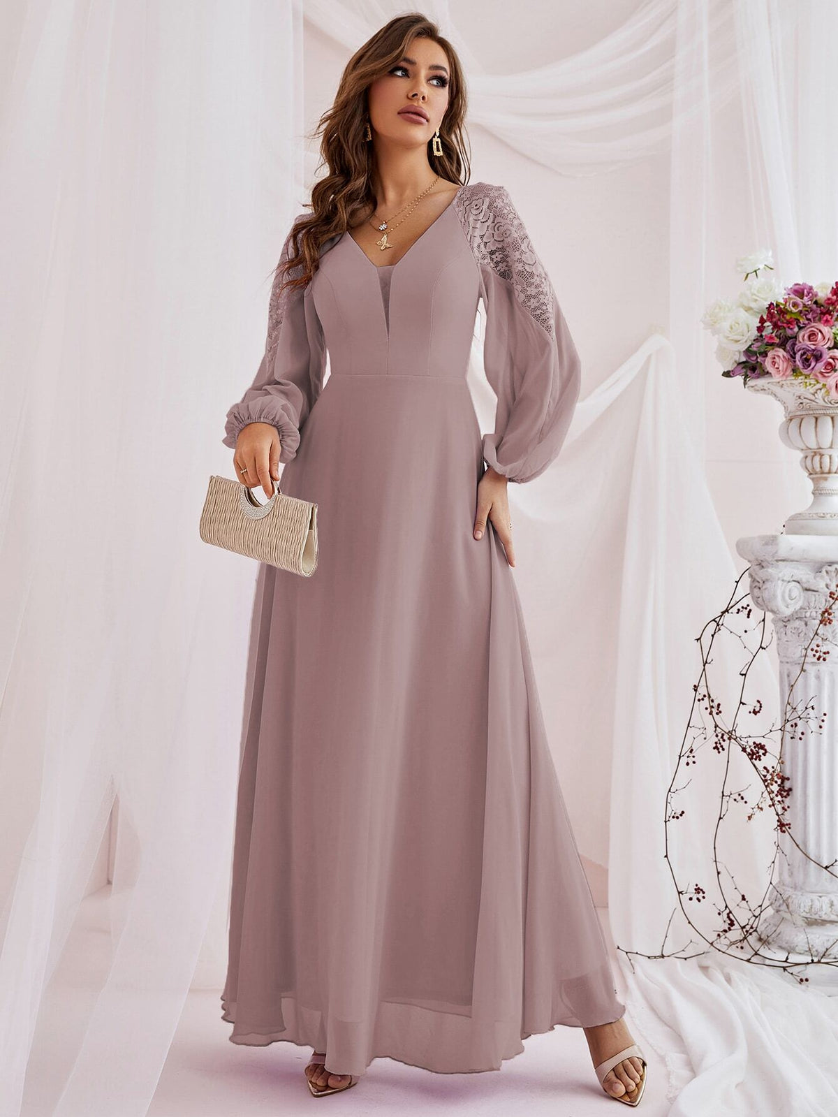 Fall Winter Elegant Romance Woman Spliced Tulle Lace Lantern Sleeve High Slit Bridesmaid Dress For Festival Party Wedding & Prom Birthday