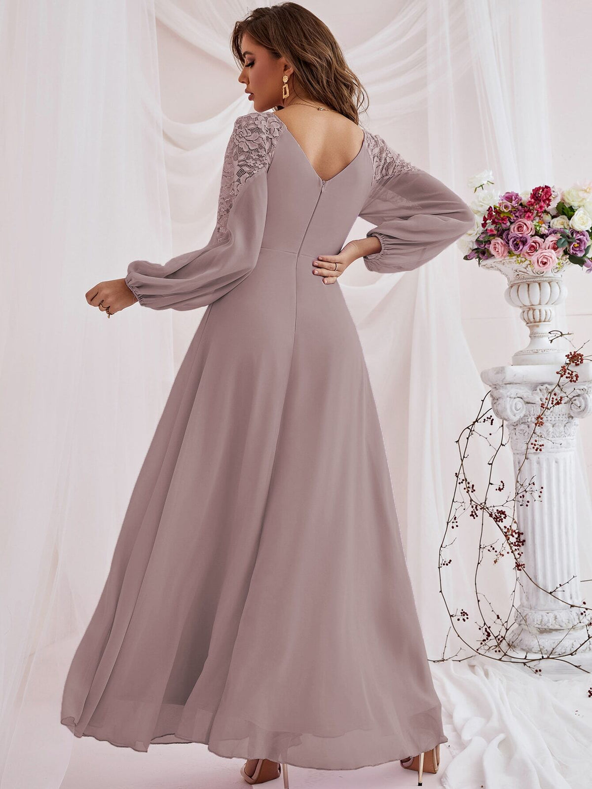 Fall Winter Elegant Romance Woman Spliced Tulle Lace Lantern Sleeve High Slit Bridesmaid Dress For Festival Party Wedding & Prom Birthday