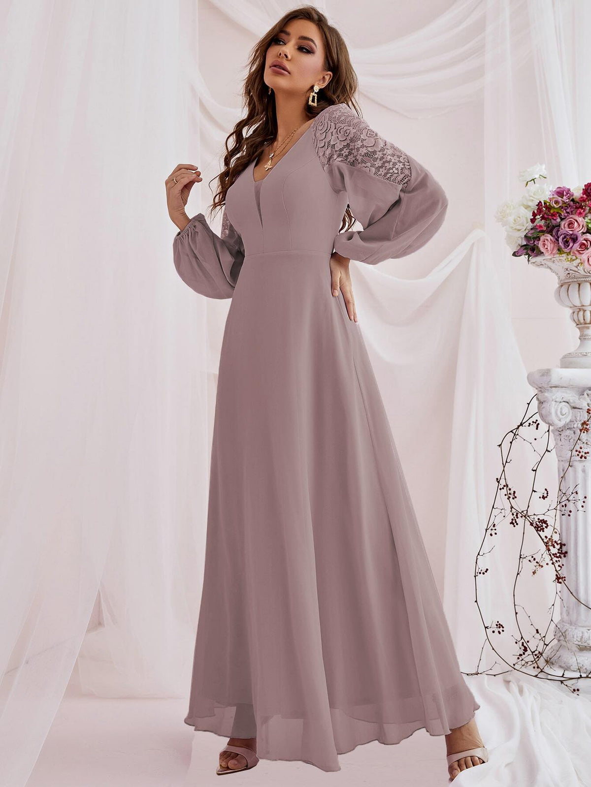 Fall Winter Elegant Romance Woman Spliced Tulle Lace Lantern Sleeve High Slit Bridesmaid Dress For Festival Party Wedding & Prom Birthday