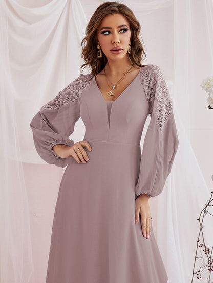 Fall Winter Elegant Romance Woman Spliced Tulle Lace Lantern Sleeve High Slit Bridesmaid Dress For Festival Party Wedding & Prom Birthday