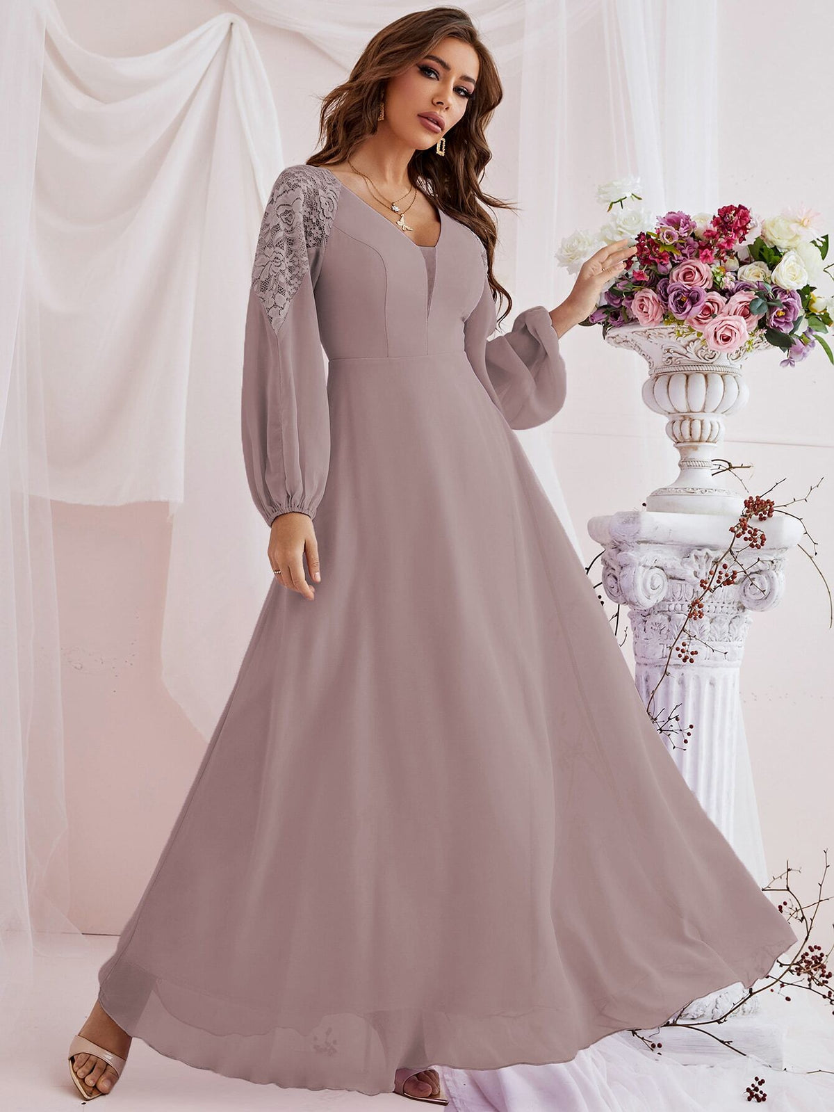 Fall Winter Elegant Romance Woman Spliced Tulle Lace Lantern Sleeve High Slit Bridesmaid Dress For Festival Party Wedding & Prom Birthday