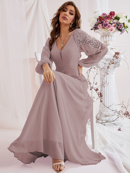 Fall Winter Elegant Romance Woman Spliced Tulle Lace Lantern Sleeve High Slit Bridesmaid Dress For Festival Party Wedding & Prom Birthday