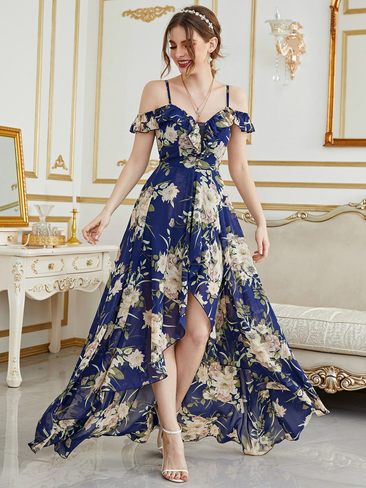 Cold Shoulder High Low Hem Allover Floral Dress Summer Vacation Elegant