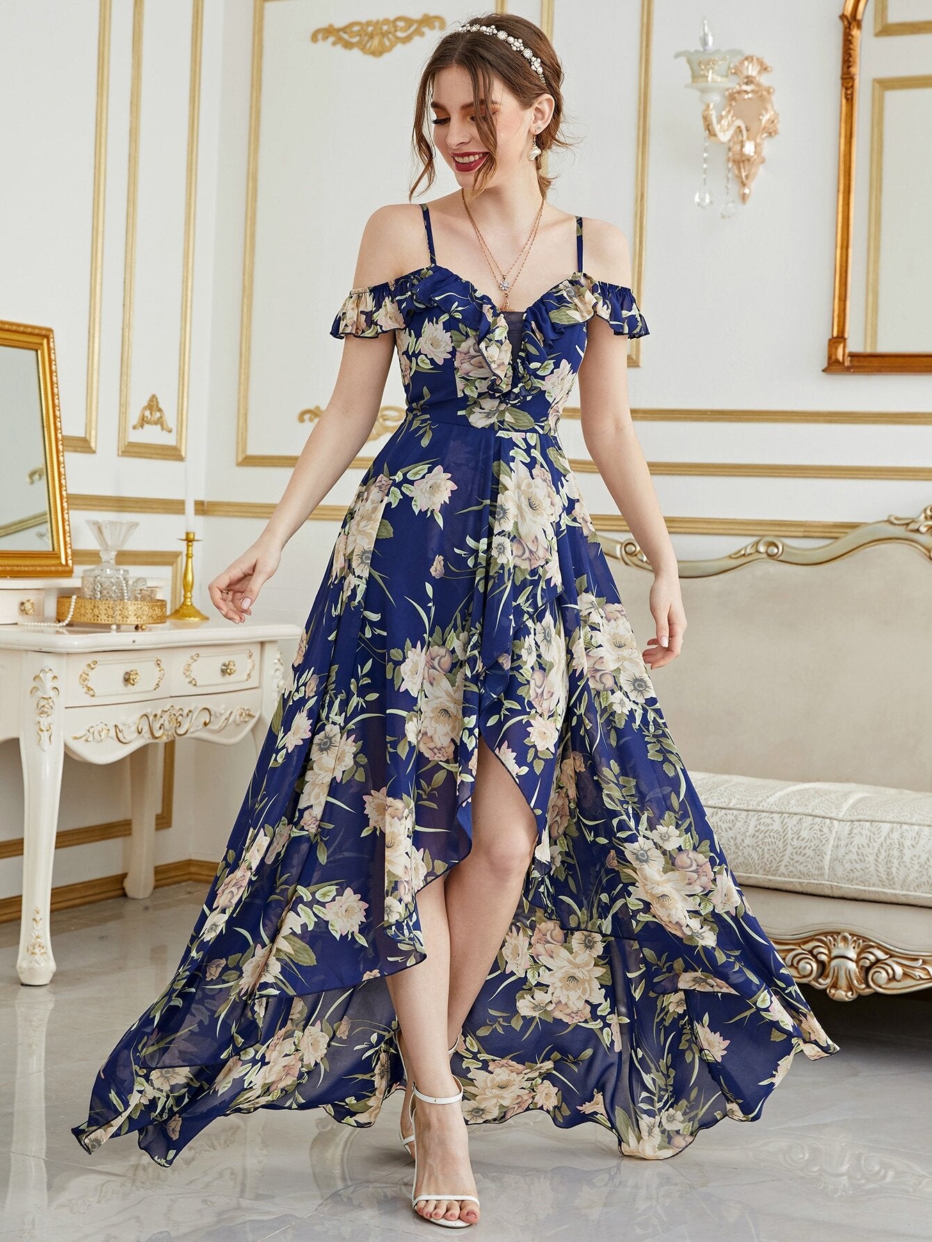 Cold Shoulder High Low Hem Allover Floral Dress Summer Vacation Elegant