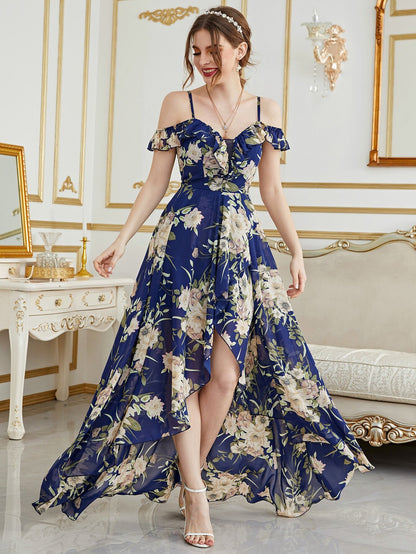 Cold Shoulder High Low Hem Allover Floral Dress Summer Vacation Elegant