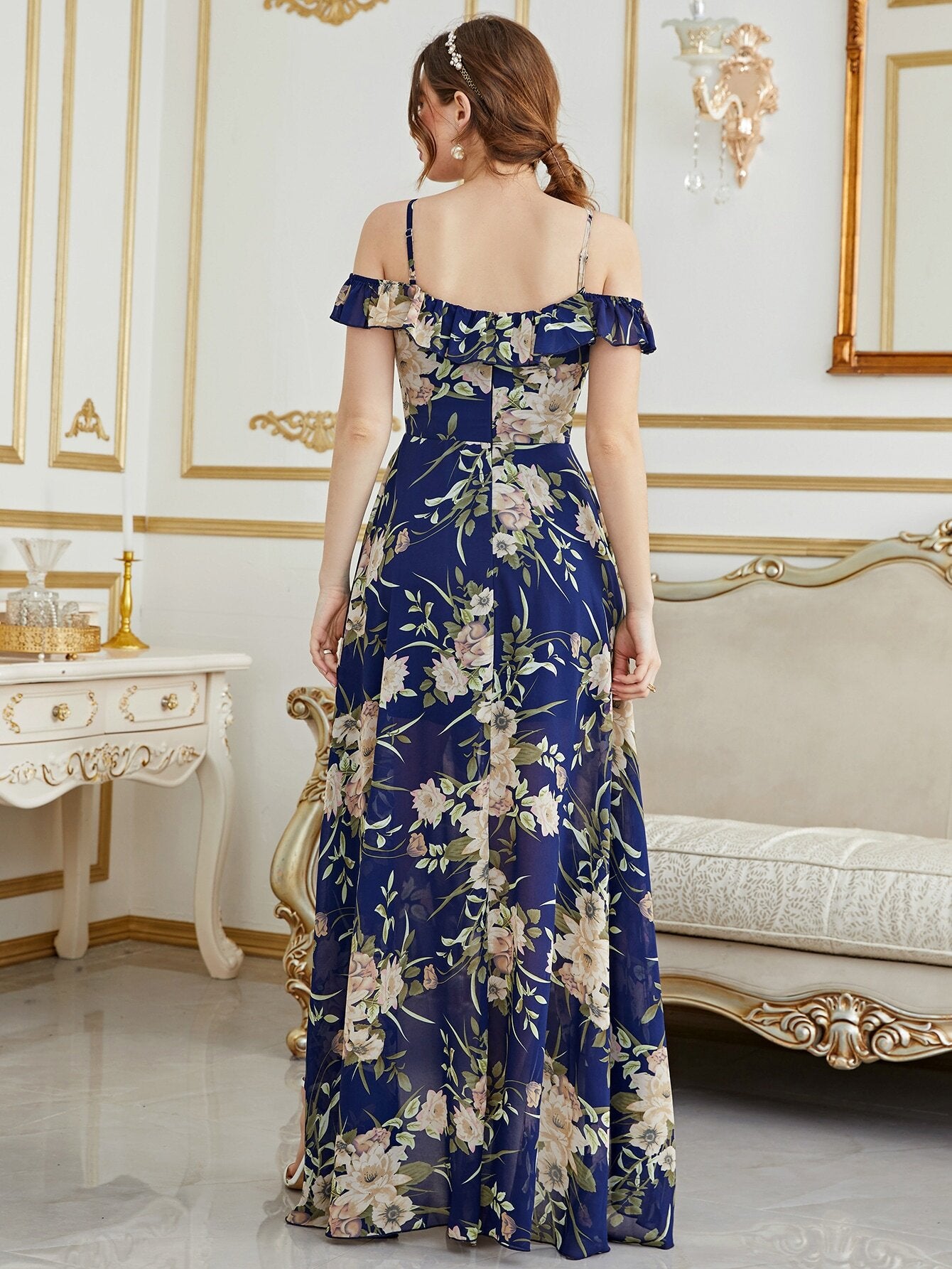 Cold Shoulder High Low Hem Allover Floral Dress Summer Vacation Elegant