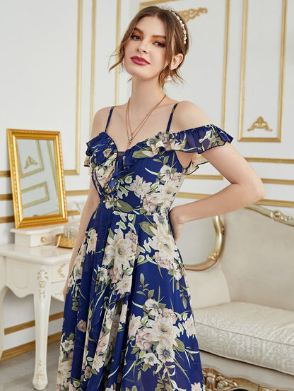Cold Shoulder High Low Hem Allover Floral Dress Summer Vacation Elegant