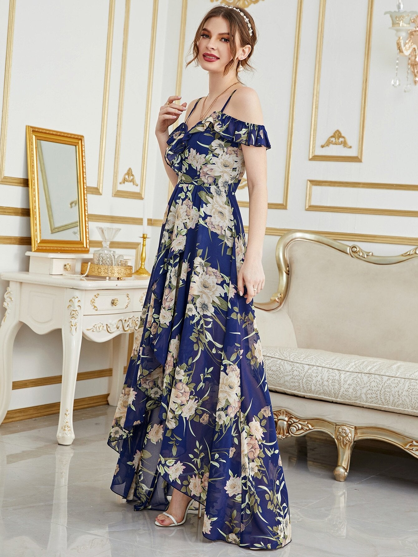 Cold Shoulder High Low Hem Allover Floral Dress Summer Vacation Elegant
