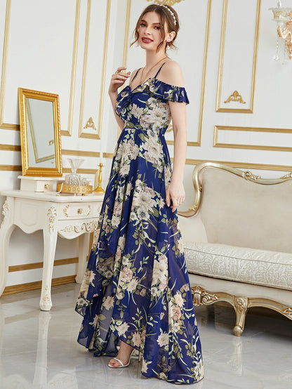 Cold Shoulder High Low Hem Allover Floral Dress Summer Vacation Elegant