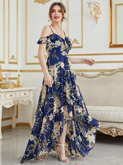 Cold Shoulder High Low Hem Allover Floral Dress Summer Vacation Elegant
