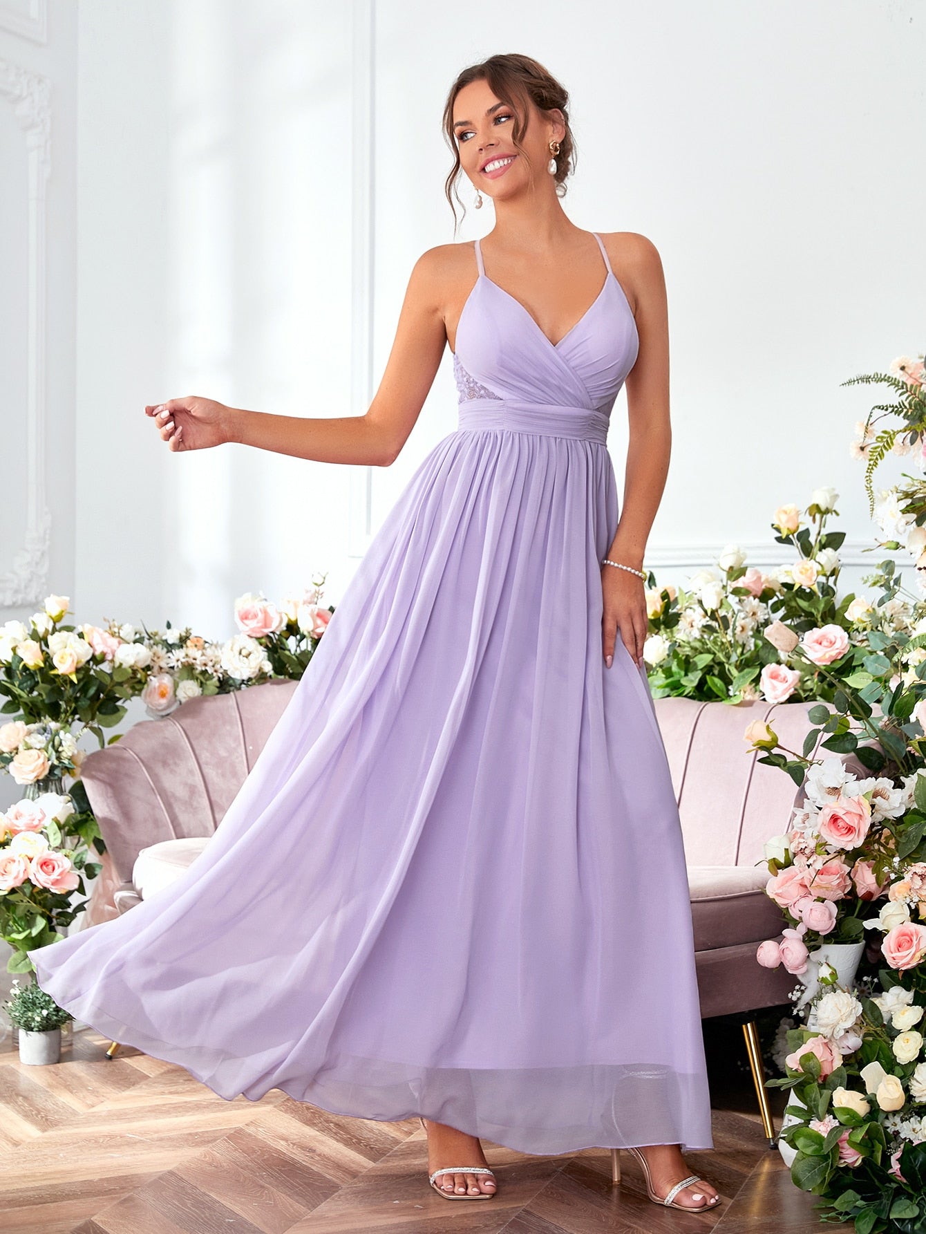 Contrast Lace Twist Backless Chiffon Bridesmaid Dress Elegant Dress, For Valentine's Day Wedding Spring