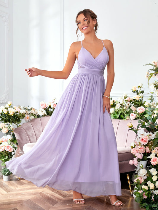 Contrast Lace Twist Backless Chiffon Bridesmaid Dress Elegant Dress, For Valentine's Day Wedding Spring