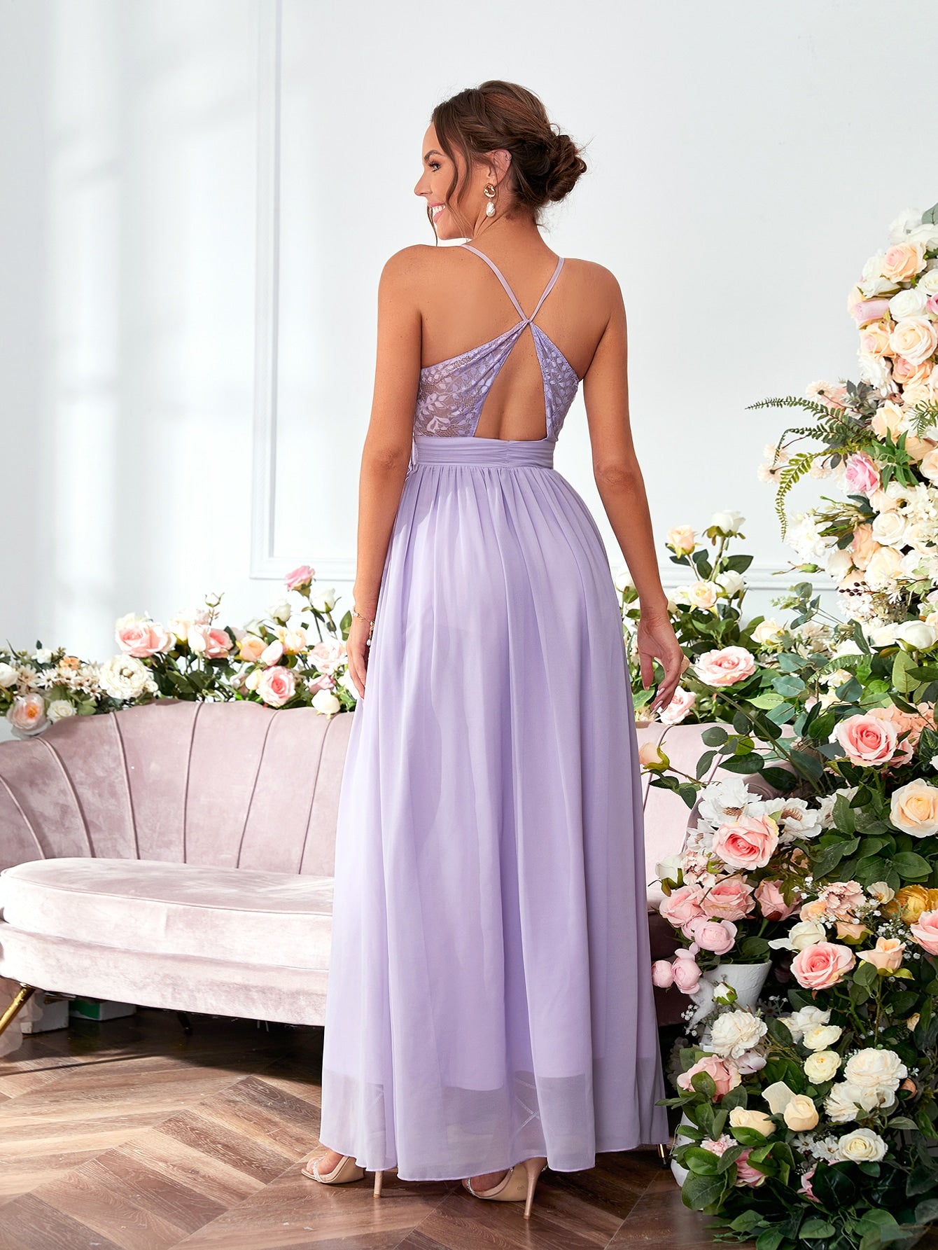 Contrast Lace Twist Backless Chiffon Bridesmaid Dress Elegant Dress, For Valentine's Day Wedding Spring