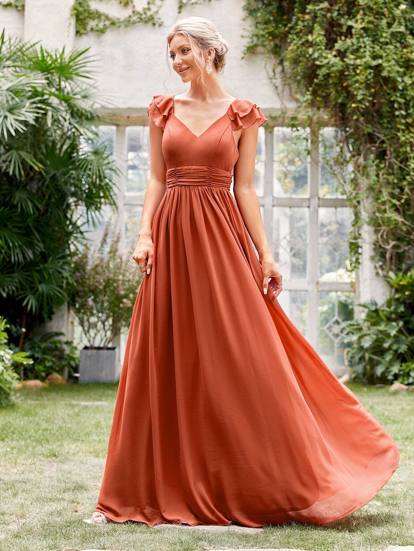 Ruched Layered Ruffle Trim Maxi Bridesmaid Dress Elegant Dress Wedding