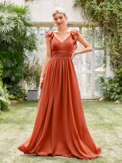 Ruched Layered Ruffle Trim Maxi Bridesmaid Dress Elegant Dress Wedding