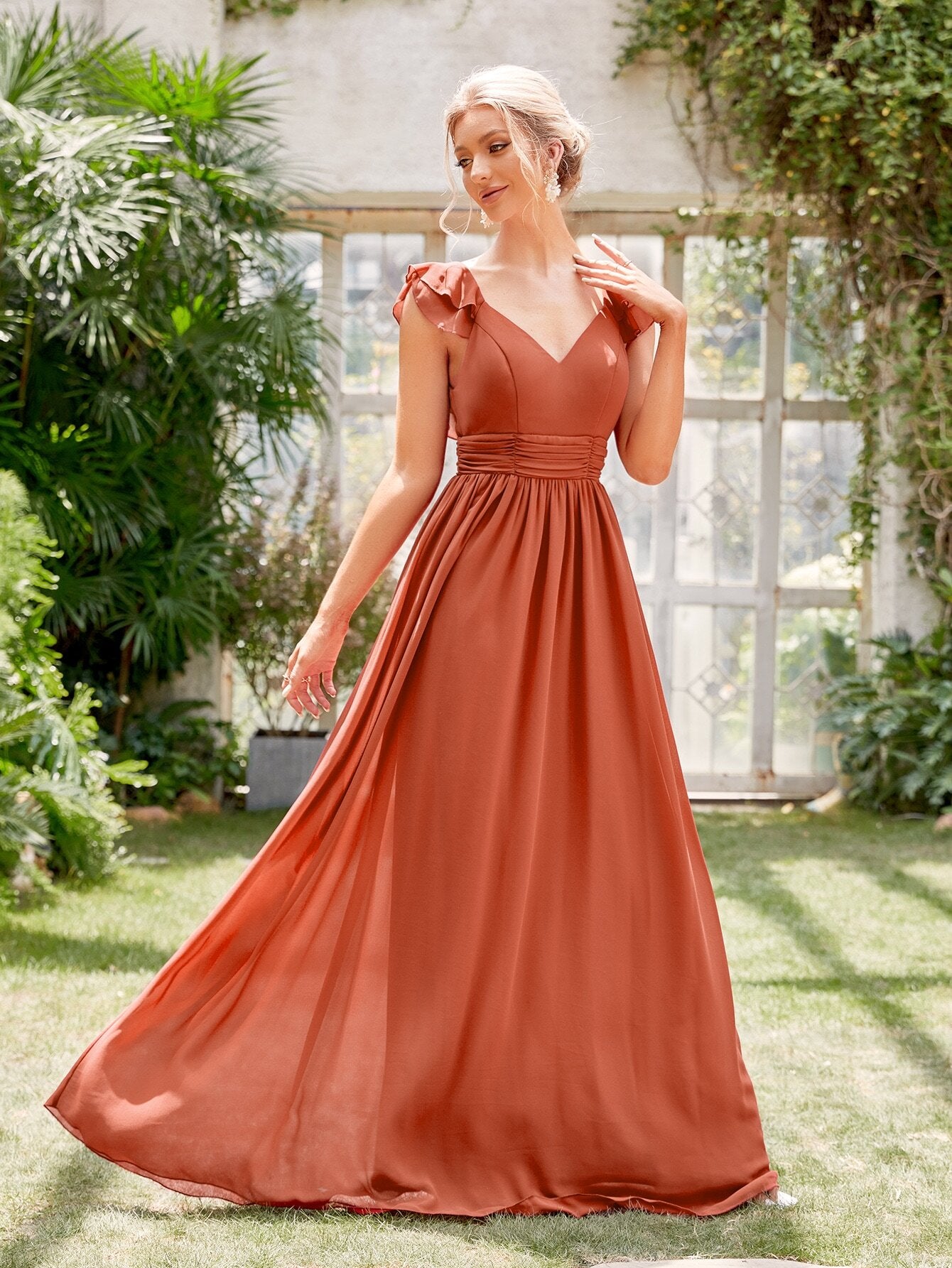 Ruched Layered Ruffle Trim Maxi Bridesmaid Dress Elegant Dress Wedding