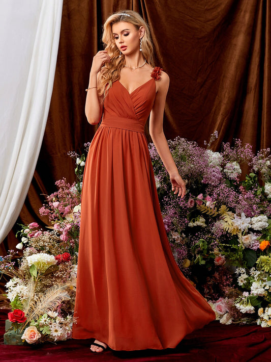 Women's Elegant Summer Burnt Orange Chiffon Maxi Gown, 3D Floral Spaghetti Strap V-Neck,Back Bow Wedding Bridesmaid Party Formal Dress Vacation