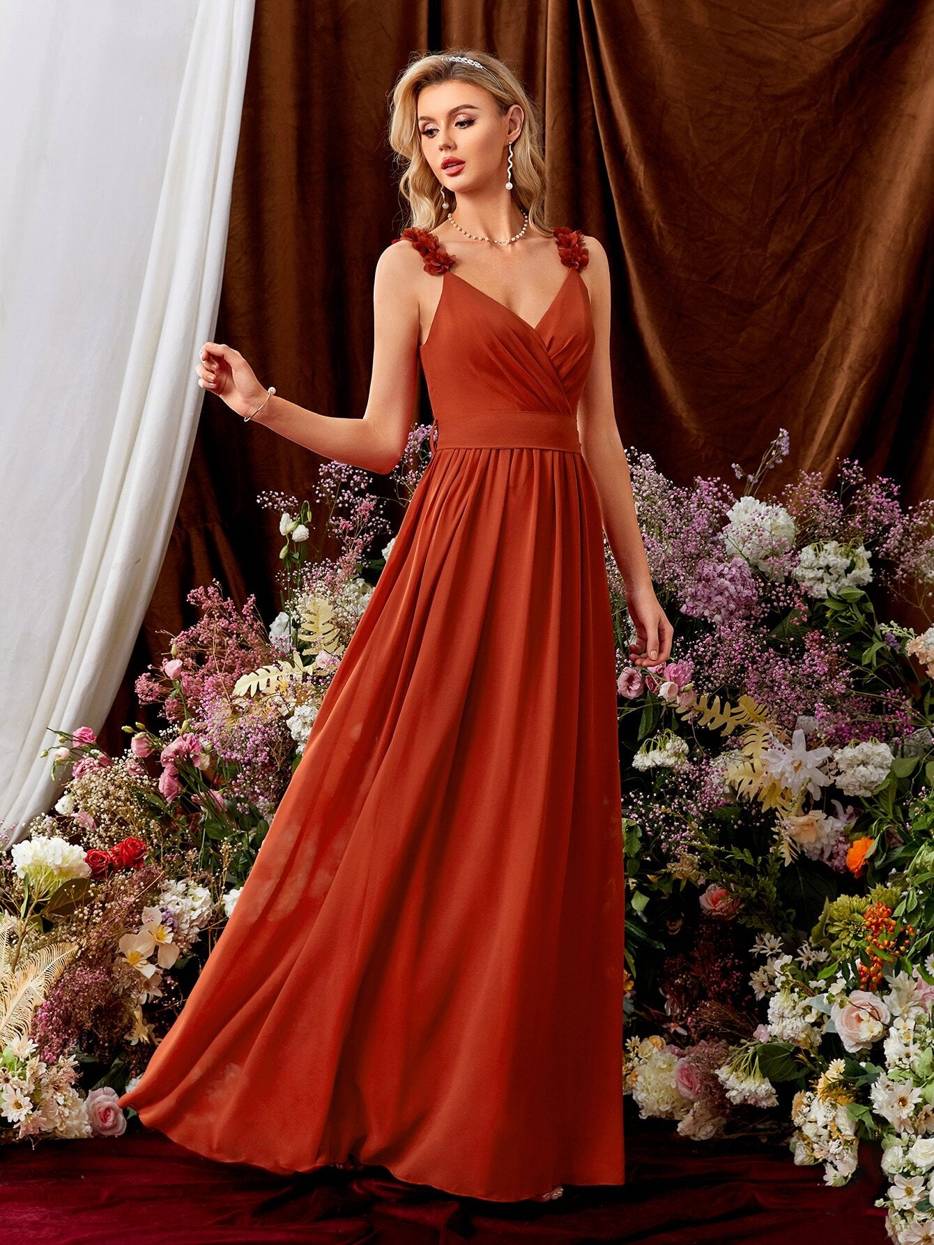 Women's Elegant Summer Burnt Orange Chiffon Maxi Gown, 3D Floral Spaghetti Strap V-Neck,Back Bow Wedding Bridesmaid Party Formal Dress Vacation