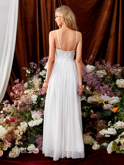 Leaf Embroidery Mesh Patchwork Slit Chiffon Wedding Dress, Elegant White Bridal Gown (Excluding Veil)