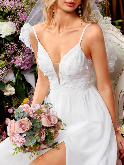Leaf Embroidery Mesh Patchwork Slit Chiffon Wedding Dress, Elegant White Bridal Gown (Excluding Veil)