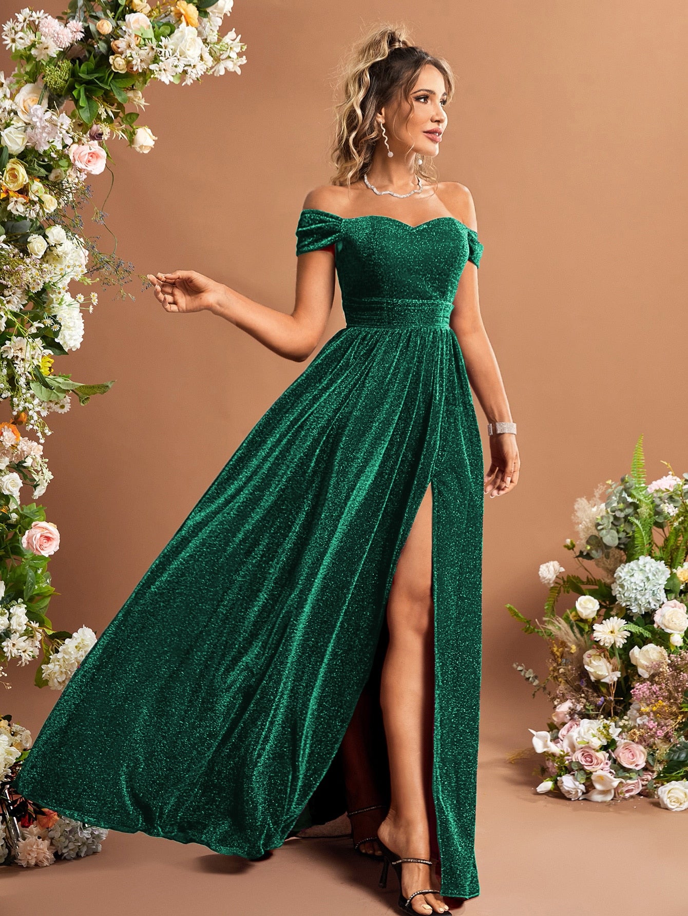 Lady's Glittering One-Sleeve High-Arc Back Bridal Gown For Adults Wedding Party
