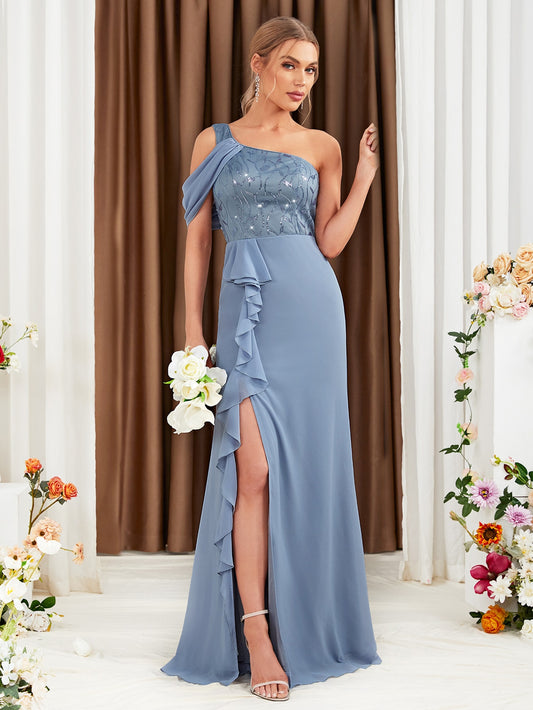 One Shoulder Ruffle Trim Lace Up Split Thigh Chiffon Bridesmaid Dress