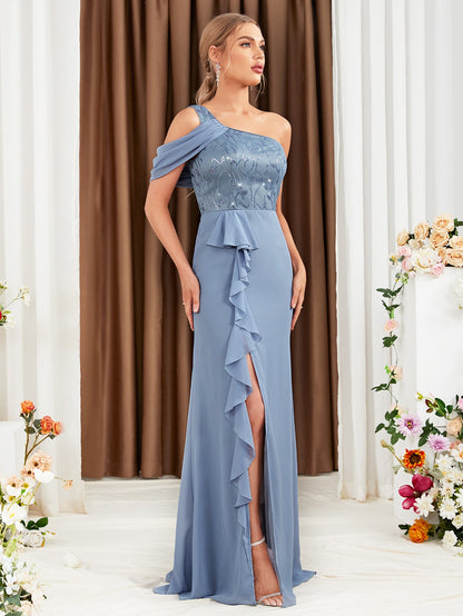 One Shoulder Ruffle Trim Lace Up Split Thigh Chiffon Bridesmaid Dress