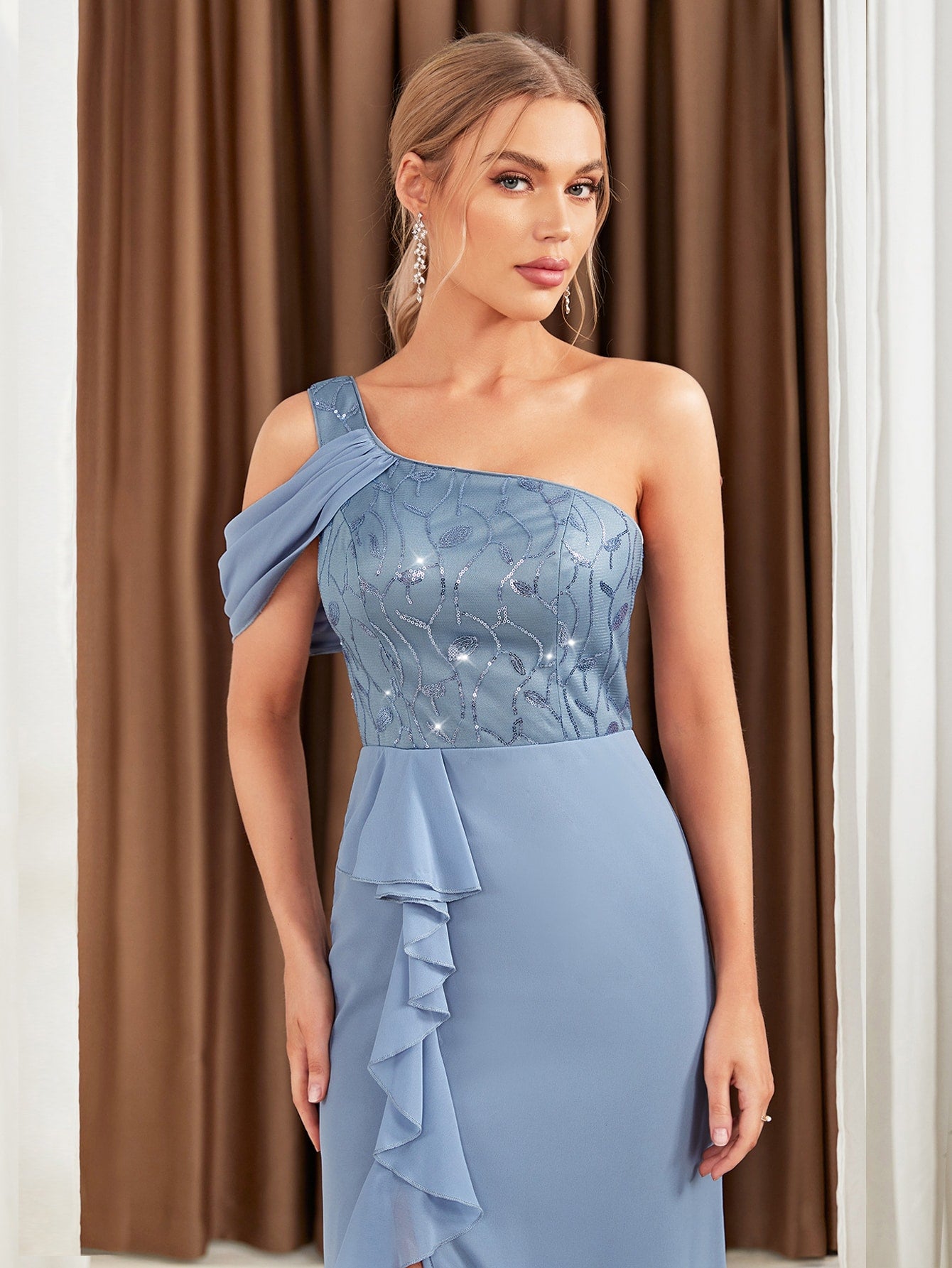 One Shoulder Ruffle Trim Lace Up Split Thigh Chiffon Bridesmaid Dress