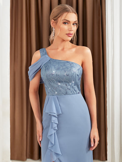One Shoulder Ruffle Trim Lace Up Split Thigh Chiffon Bridesmaid Dress
