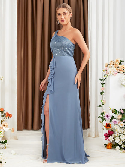 One Shoulder Ruffle Trim Lace Up Split Thigh Chiffon Bridesmaid Dress