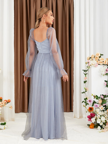 Sweetheart Neck Flounce Sleeve Belted Mesh Bridesmaid Dress