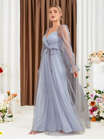 Sweetheart Neck Flounce Sleeve Belted Mesh Bridesmaid Dress
