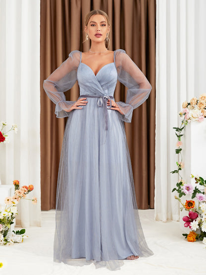 Sweetheart Neck Flounce Sleeve Belted Mesh Bridesmaid Dress
