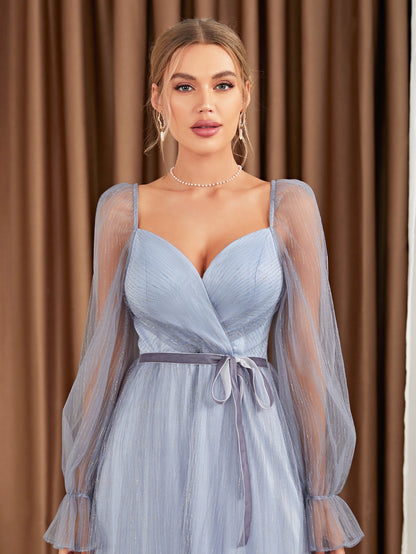 Sweetheart Neck Flounce Sleeve Belted Mesh Bridesmaid Dress