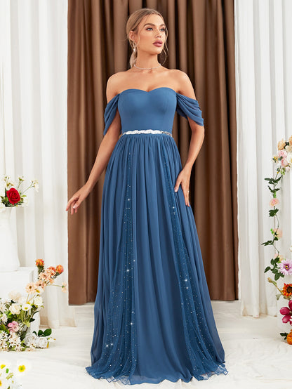 Off-Shoulder Mesh Hem Bridesmaid Dress For Party