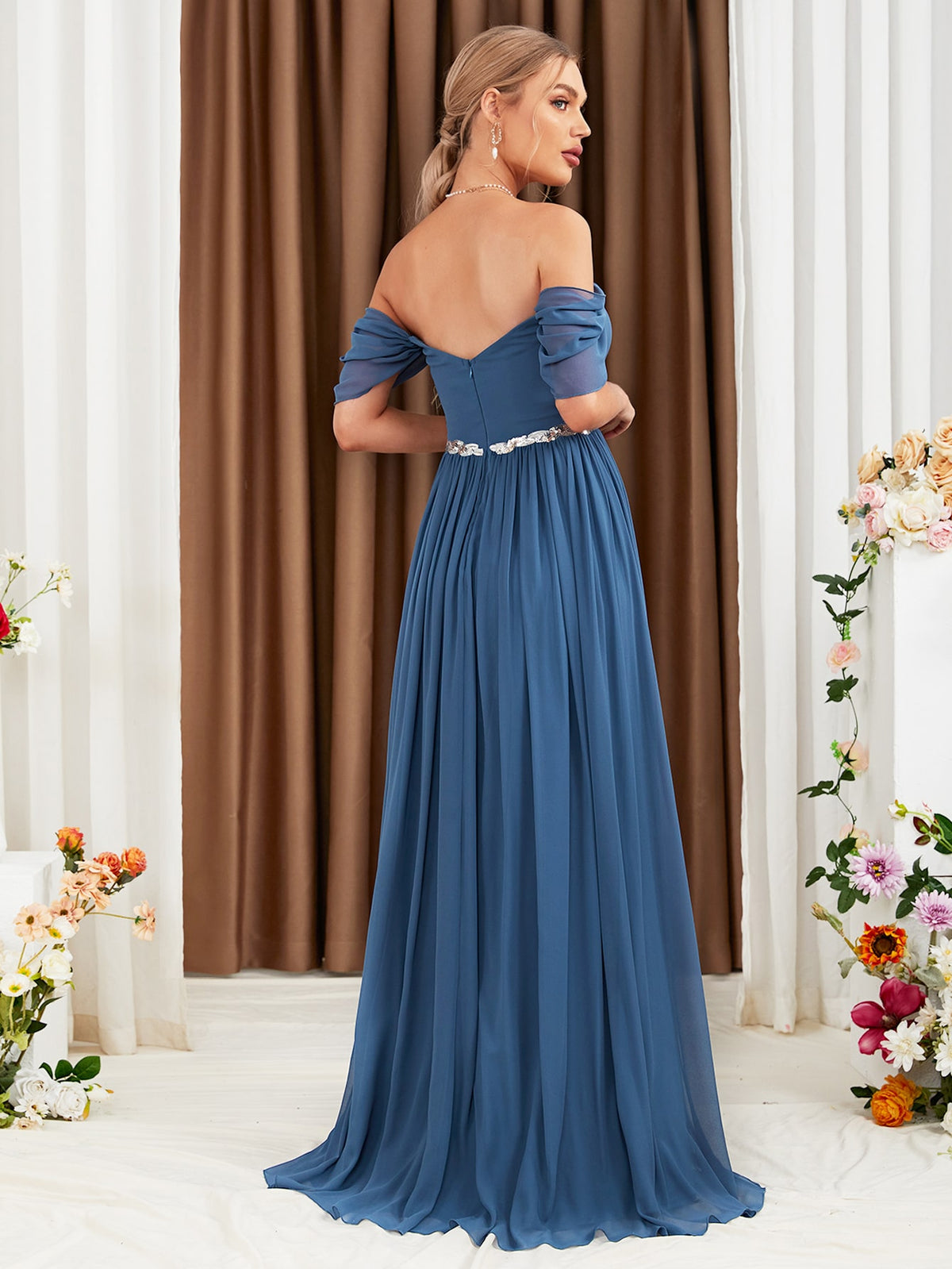 Off-Shoulder Mesh Hem Bridesmaid Dress For Party