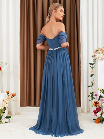 Off-Shoulder Mesh Hem Bridesmaid Dress For Party