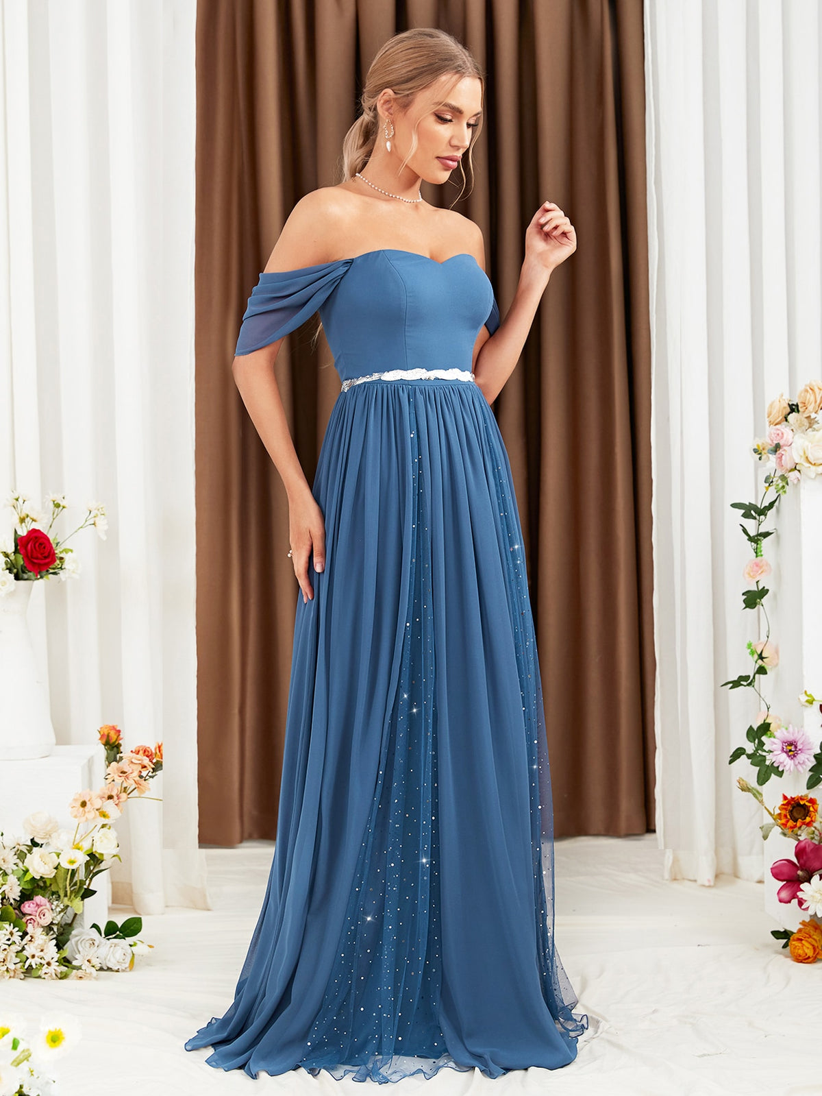 Off-Shoulder Mesh Hem Bridesmaid Dress For Party