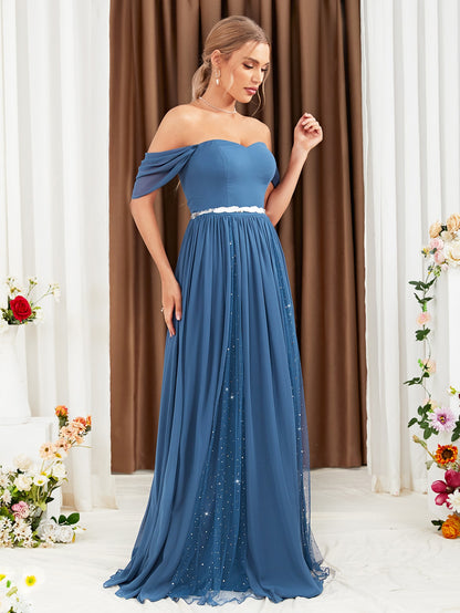 Off-Shoulder Mesh Hem Bridesmaid Dress For Party